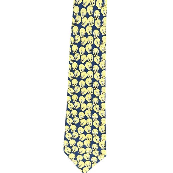Vintage Tweety Bird All Over Print Silk Necktie Warner Brothers 1995 Blue Yellow - Picture 1 of 7